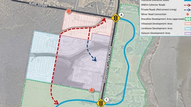 A map showing the new road network for the Lendlease subdivision on the left in blue; the Villawood project in orange and the Halcyon housing estate in purple with the two new sets of traffic lights on Serpentine Creek Rd.