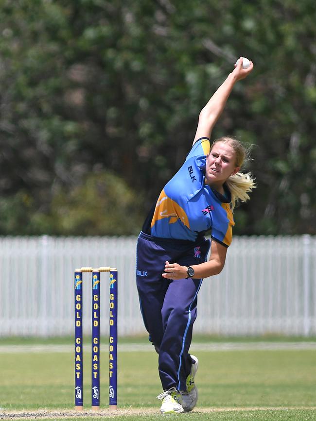 Dolphins bowler Ella Corneliuss sends one down during Gold Coast’s Katherine Raymont Shield game against Valleys at Bill Pippen Oval, Robina. Picture: John Gass.
