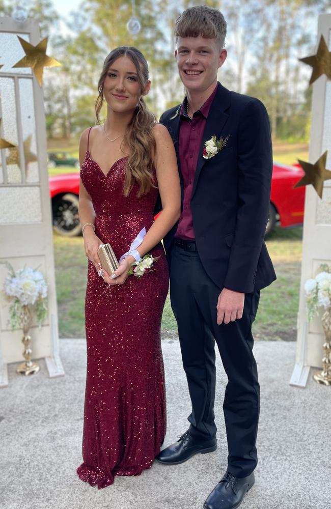 Laila Hanlon and Dakodah Harrison arrive at the 2024 Gympie State High School graduation formal.