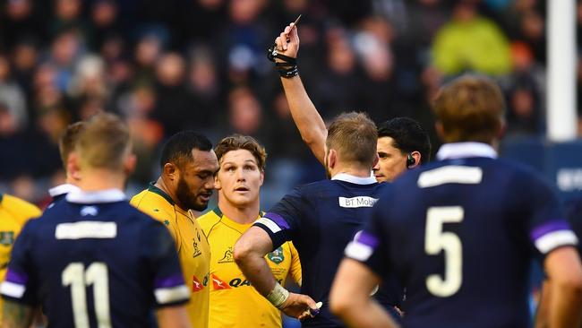 Sekope Kepu shown red for dangerous play in the Wallabies’ loss to Scotland.