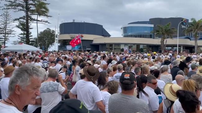 Protesters at an anti Covid vaccine mandate protest at Coolangatta Pictures: 10 News Queensland