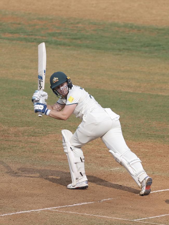 Alyssa Healy flicks on behind square as Australia fought back in front of India. Picture: Pankaj Nangia/Getty Images