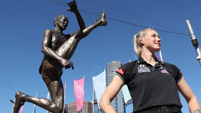 Footballer Tayla Harris attends her sculpture unveiling at Federation Square on September 11, 2019 in Melbourne. Picture: WAYNE TAYLOR/GETTY IMAGES