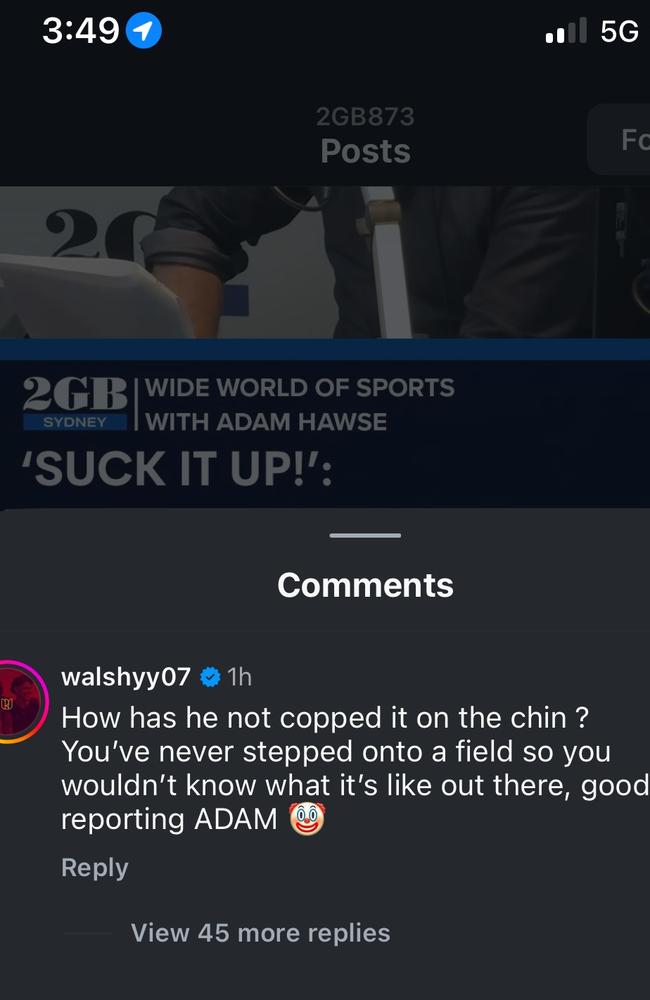 Reece Walsh replies to Adam Hawse. Picture: Instagram