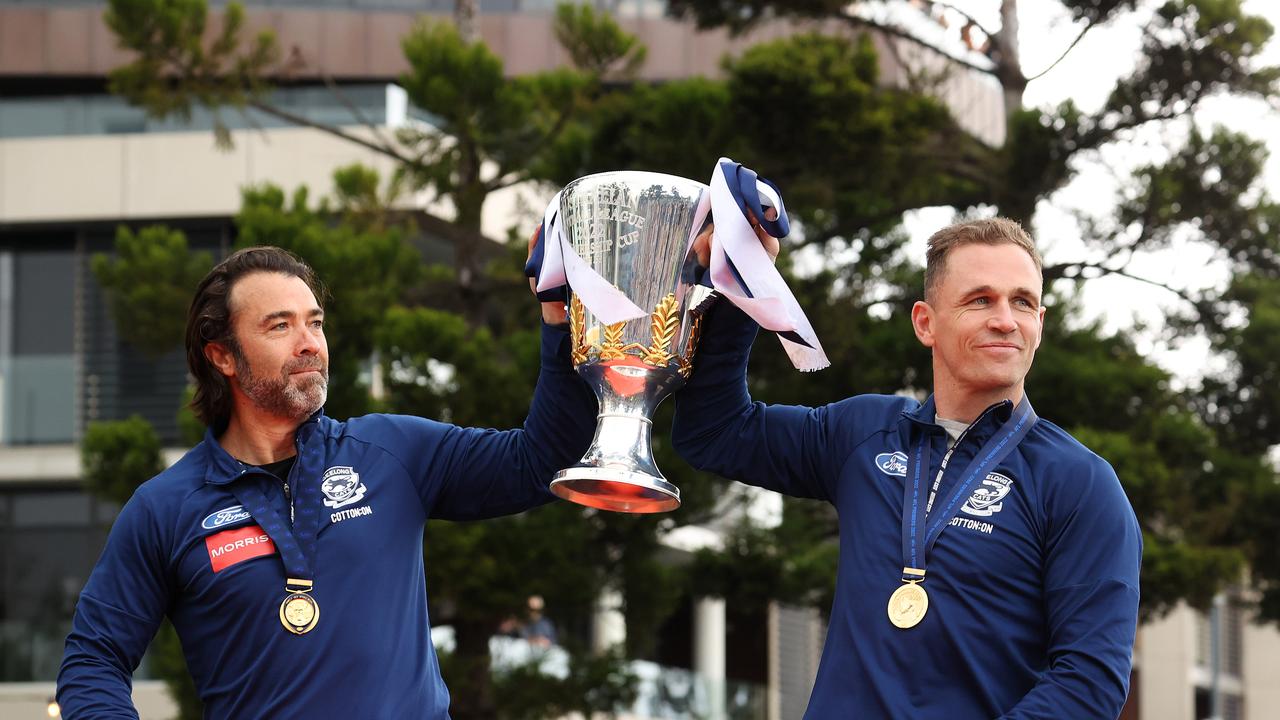 GEELONG, SEPTEMBER 27, 2022: The City of Greater Geelong hosts a street parade to celebrate the Geelong Cats winning the 2022 Toyota AFL Grand Final. Chris Scott and Joel Selwood. Picture: Mark Stewart