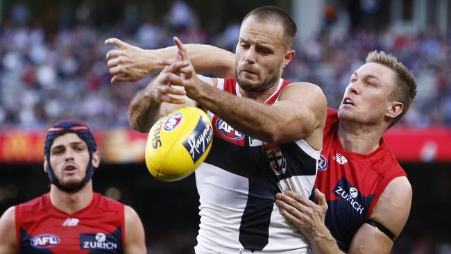 Saints defender Nathan Brown held Demon Tom McDonald in check. Picture: AAP