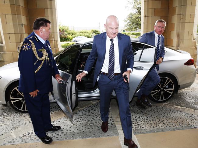 New Tasmanian Premier Peter Gutwein arrives at Government House alongside new Deputy Premier Jeremy Rockliff to be sworn in as the new Premier. Picture: ZAK SIMMONDS