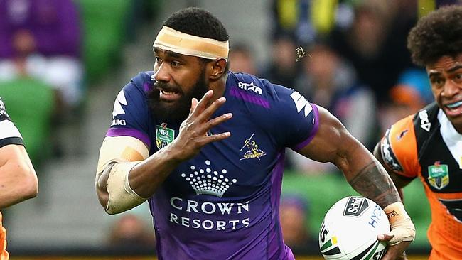 MELBOURNE, AUSTRALIA — JUNE 26: Marika Koroibete of the Storm runs during the round 16 NRL match between the Melbourne Storm and Wests Tigers at AAMI Park on June 26, 2016 in Melbourne, Australia. (Photo by Robert Prezioso/Getty Images)