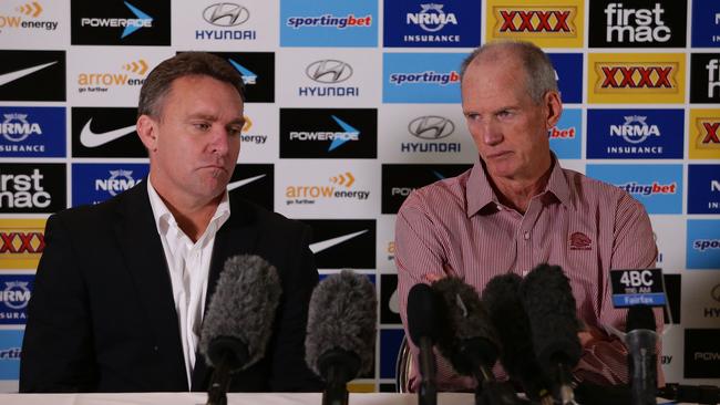 Broncos CEO Paul White and Wayne Bennett had a long and eventful relationship at the Broncos. Picture: Peter Wallis