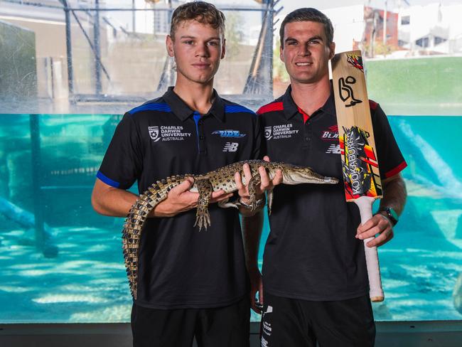 Jake Fraser-McGurk with Melbourne Star Tom O'Connell at Crocosaurus Cove. Picture: NT Cricket.