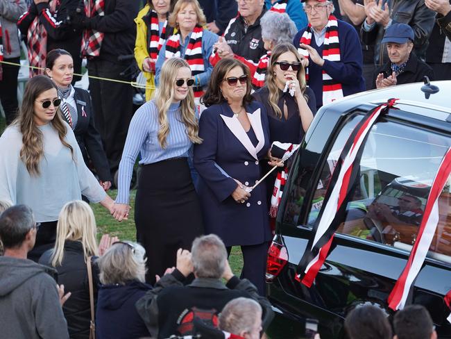 Wife Anita Frawley and daughters Keeley, Danielle and Chelsea are seen during a celebration to honour the life of Danny Frawley.