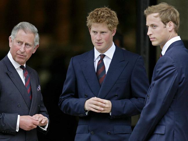 Then-Prince Charles and his two sons Prince Harry and Prince William together for the Service of Thanksgiving for the life of Diana, Princess of Wales, in London in 2007. Picture: AFP