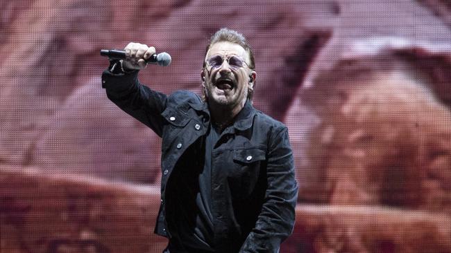 U2’s Bono performing on the Joshua Tree tour.