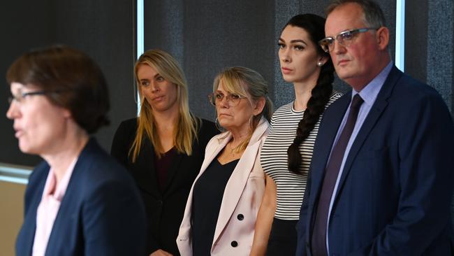 Forensic scientist Dr Kirsty Wright watched by (from left) criminal lawyer Kristy Bell, Vicki and Shannah Blackburn (mother and sister of Shandee), and Hedley Thomas. Picture: Lyndon Mechielsen