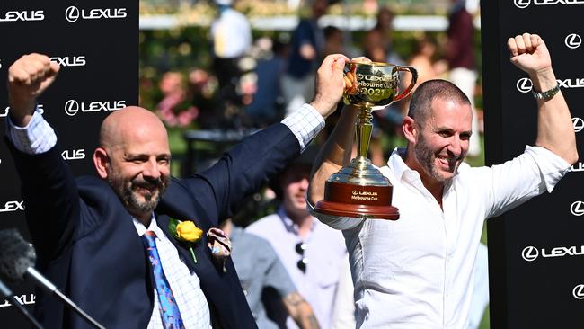 Kheir and Sokolski accepting the trophy after Verry Elleegant’s win. Picture: Getty Images