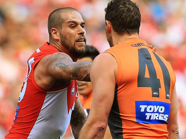 Sydney's Lance Franklin and GWS Giants Shane Mumford push and shove during the Qualifying Final between Sydney Swans and GWS Giants at ANZ Stadium, Homebush. Picture: Toby Zerna