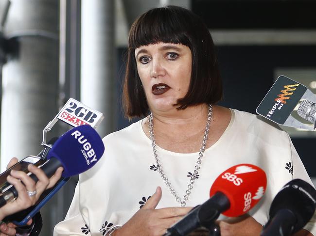 Rugby Australia CEO Raelene Castle speaks to media during a press conference on rugby player Israel Folau's use of social media at Rugby Australia headquarters in Sydney, Friday, April 10, 2018. (AAP Image/Daniel Munoz) NO ARCHIVING