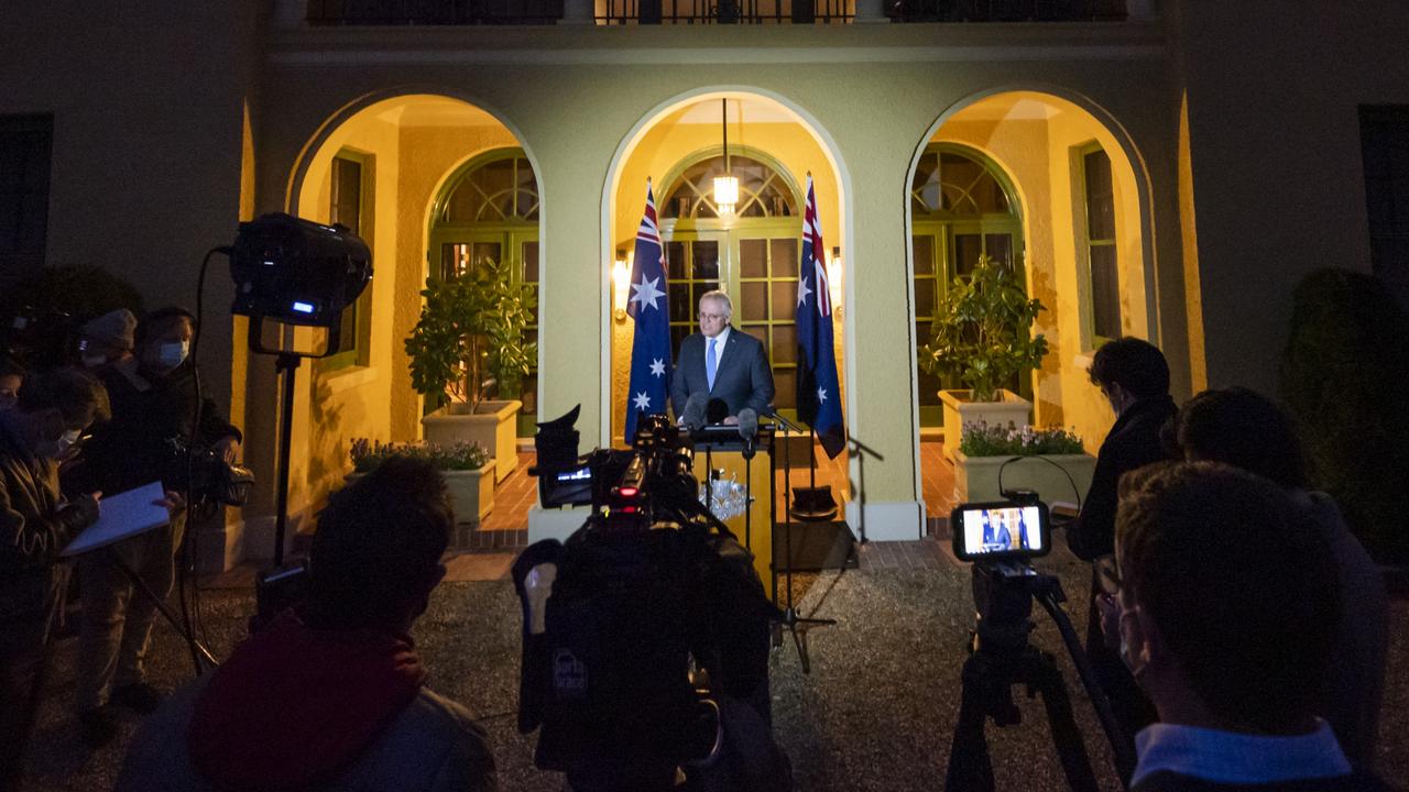 Prime Minister Scott Morrison announces a new road map to freedom on Friday night. Picture: Martin Ollman/NCA NewsWire