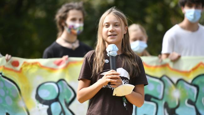 Greta Thunberg speaking at a climate strike march in Milan this month. Picture: Stefano Guidi