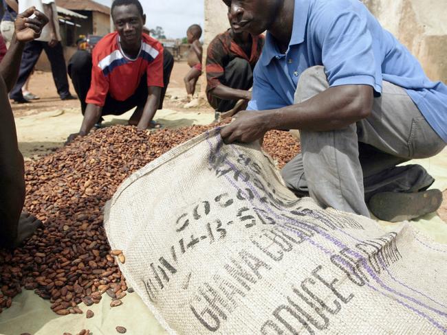 Local farmers gather dried cocoa beans to be weighed before selling them to merchants in a village outside of Kumasi, Ghana. Picture: Bloomberg via Getty Images