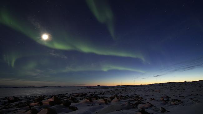 Aurora and sunrise at Davis Station. Picture: Aaron Stanley/Australian Antarctic Division