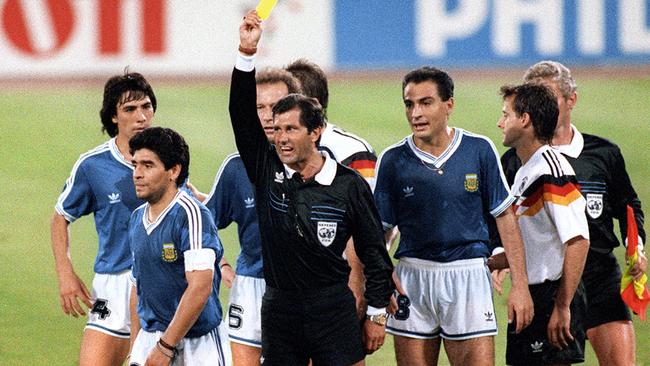 Maradona gets a yellow card during the 1990 World Cup defeat to West Germany.