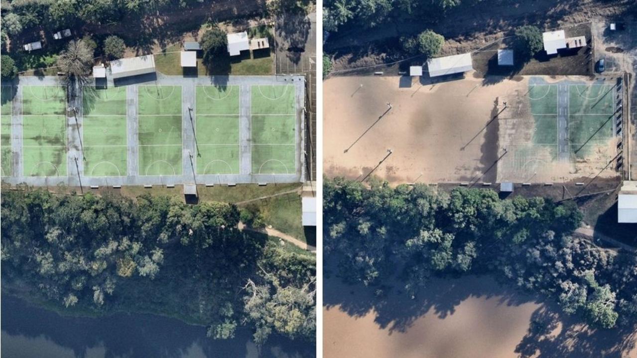 The Gympie netball courts next to the Mary River were inundated under 2m of floodwaters in February which left them covered in mud and cracked.