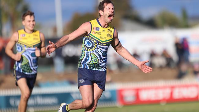 Eagle Daniel Menzel celebrates one of his four goals against Norwood at Woodville Oval on Sunday. Picture: Cory Sutton/SANFL