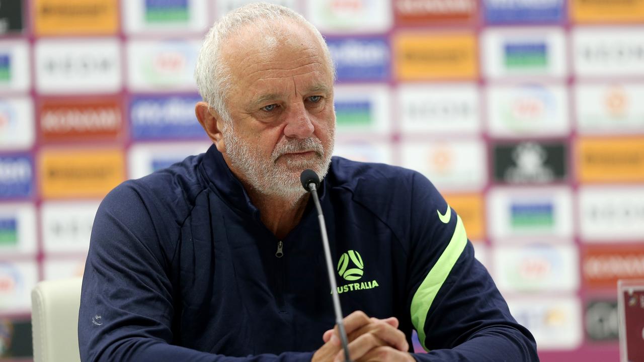 Australia's coach Graham Arnold attends a press conference at Ahmad Bin Ali Stadium on June 6, 2022 in Doha, Qatar. (Photo by Mohamed Farag/Getty Images)