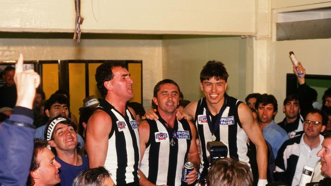 Darren Millane and Tony Shaw celebrating after winning the 1990 AFL Grand Final.