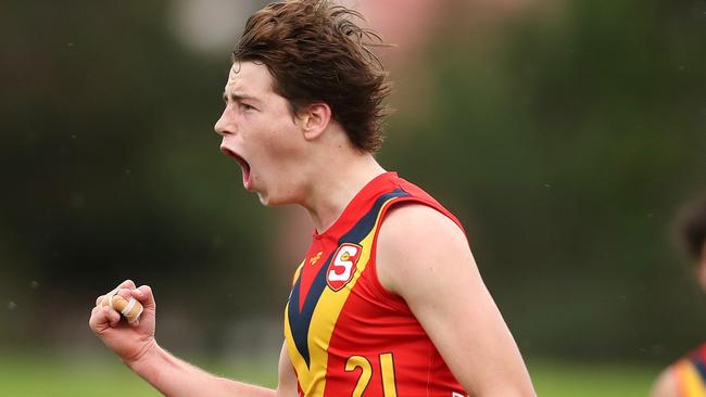 Mattaes Phillipou celebrates a goal. Picture: Sarah Reed/AFL Photos via Getty Images