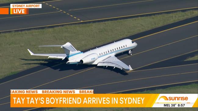 A plane believed to be transporting Travis Kelce has landed in Sydney ahead of Taylor Swift's Sydney shows. Picture: Channel 7