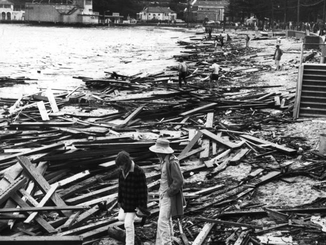 The debris from the swimming pool pier that washed up on Manly beach 26/05/74 (1974), during the storm. Pic Frank Violi. Picture: Archive News Ltd