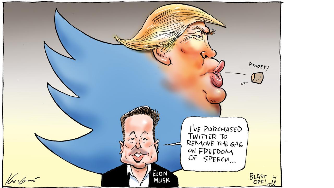 Mark Knight says Twitter’s new logo could look something like this if Elon Musk’s pledge to open it up to free speech brings back banned former US president Donald Trump.