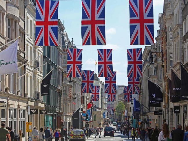 Union flags fly above Bond Street in central London, on April 29, 2023 ahead of the coronation ceremony of Charles III and his wife, Camilla, as King and Queen of the United Kingdom and Commonwealth Realm nations. Picture: Susannah Ireland / AFP