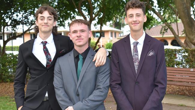 Mates Ben Jacobson, Brock Pitt and Ryan Williams at the Mackay State High School 2021 Year 12 formal, November 16, 2021. Photos: Tara Miko and Janessa Ekert