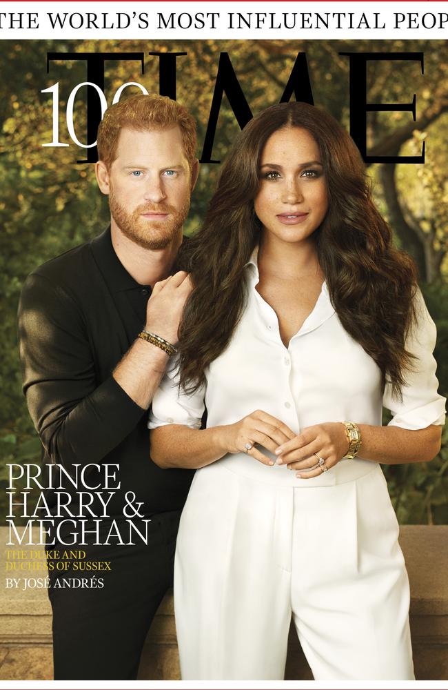 Prince Harry and Meghan Markle appear on the cover of TIME magazine’s 100 most influential people issue. Picture: TIME/TIME100/Pari Dukovic for TIME