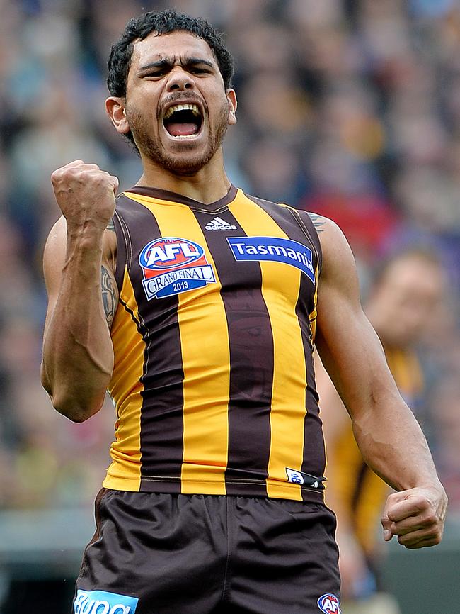 Cyril celebrates a goal in Hawthorn’s 2013 Grand Final win over Fremantle. Pic: Nicole Garmston