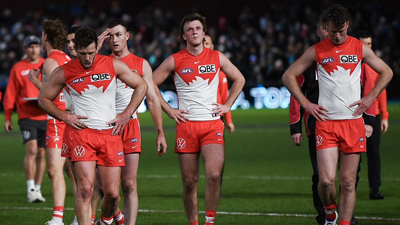 ADELAIDE, AUSTRALIA - AUGUST 03: Sydney leave the ground after losing during the round 21 AFL match between Port Adelaide Power and Sydney Swans at Adelaide Oval, on August 03, 2024, in Adelaide, Australia. (Photo by Mark Brake/Getty Images)