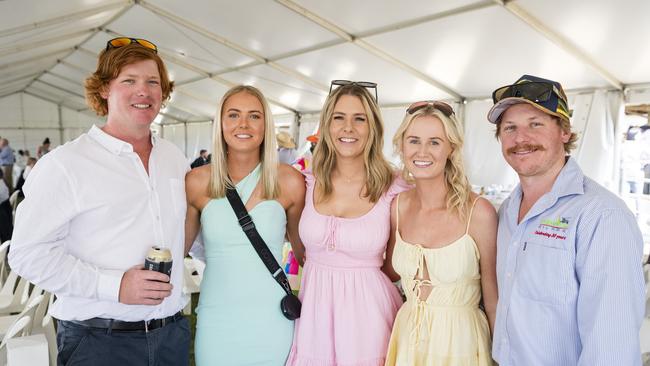 At the Clifton Races are (from left) Adrian Payne, Latisha Murphy, Ashlea Payne, Samantha Kotlin and Josh Payne, Saturday, October 28, 2023. Picture: Kevin Farmer