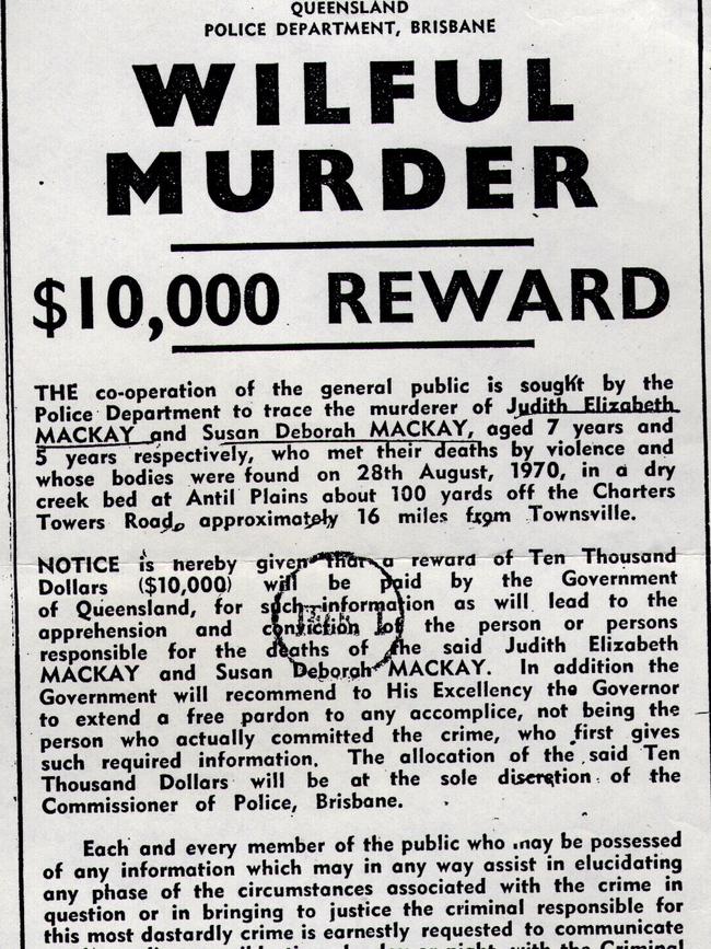 Poster offering $10,000 reward for assisting police in solving 1970 murders of sisters Judith &amp; Susan Mackay.