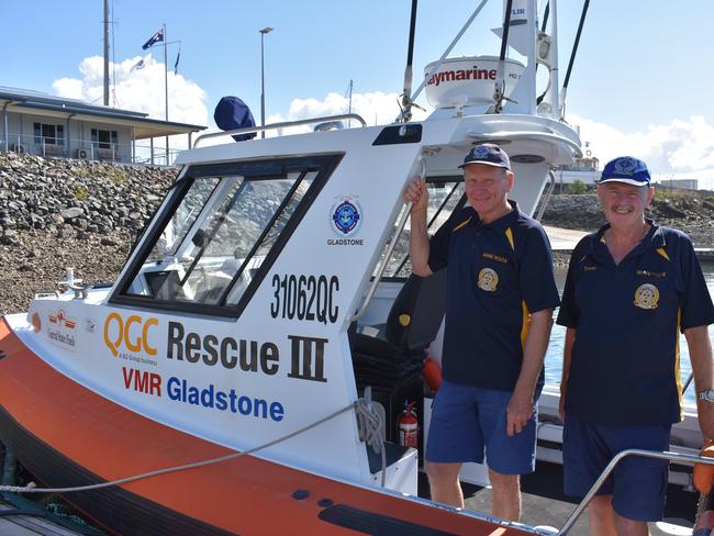 VMR Gladstone vice president Jeff Caldwell and public relations officer Peter Cameron on board QGC Rescue III at VMR Gladstone.