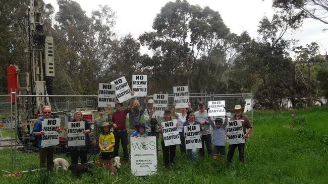 Locals protesting against the North East Link at Banyule Flats, where test drilling has recently been carried out. Picture: Supplied