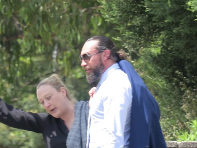 Blodron (right), 40, of Narara, and a supporter arriving at Gosford Local Court where he was convicted of supplying cocaine, cannabis and dealing with more than $60,000 cash as the proceeds of crime. Picture: NewsLocal