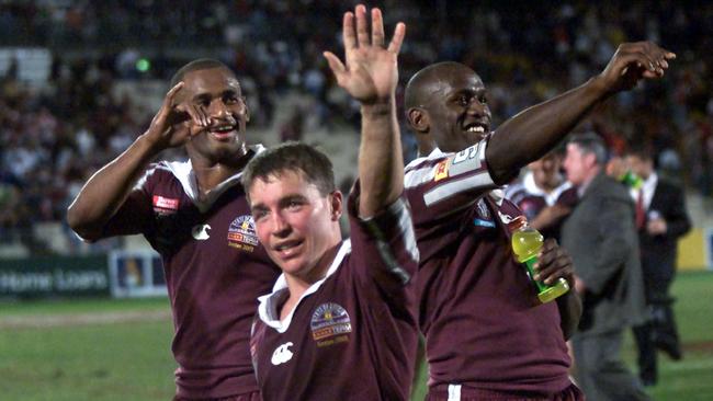 (L-R) Lote Tuqiri, Paul Green and Wendell Sailor for Queensland in 2001. Picture: David Kapernick