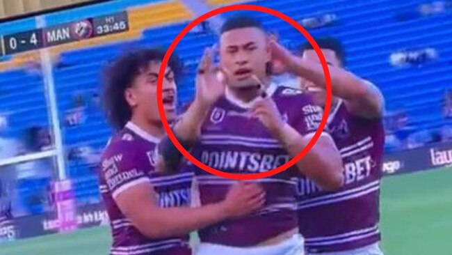 Manly’s Haumole Olakau’atu gestures to the camera after scoring a try last weekend.