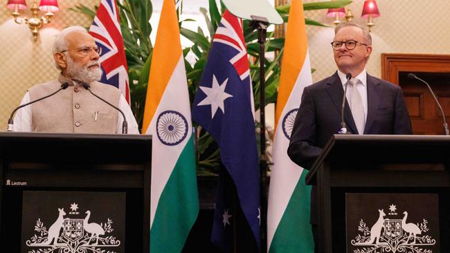 Indian Prime Minister Narendra Modi and Anthony Albanese made several announcements following the bilateral meeting. Picture: NCA NewsWire / David Swift