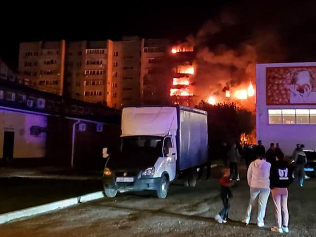 An apartment building on fire after the jet crashed. Picture: AFP /Telegram account of the Krasnodar region Prosecutor's Office