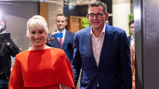 Dan Andrews celebrates winning the 2022 Victorian State Election. Picture: Jake Nowakowski