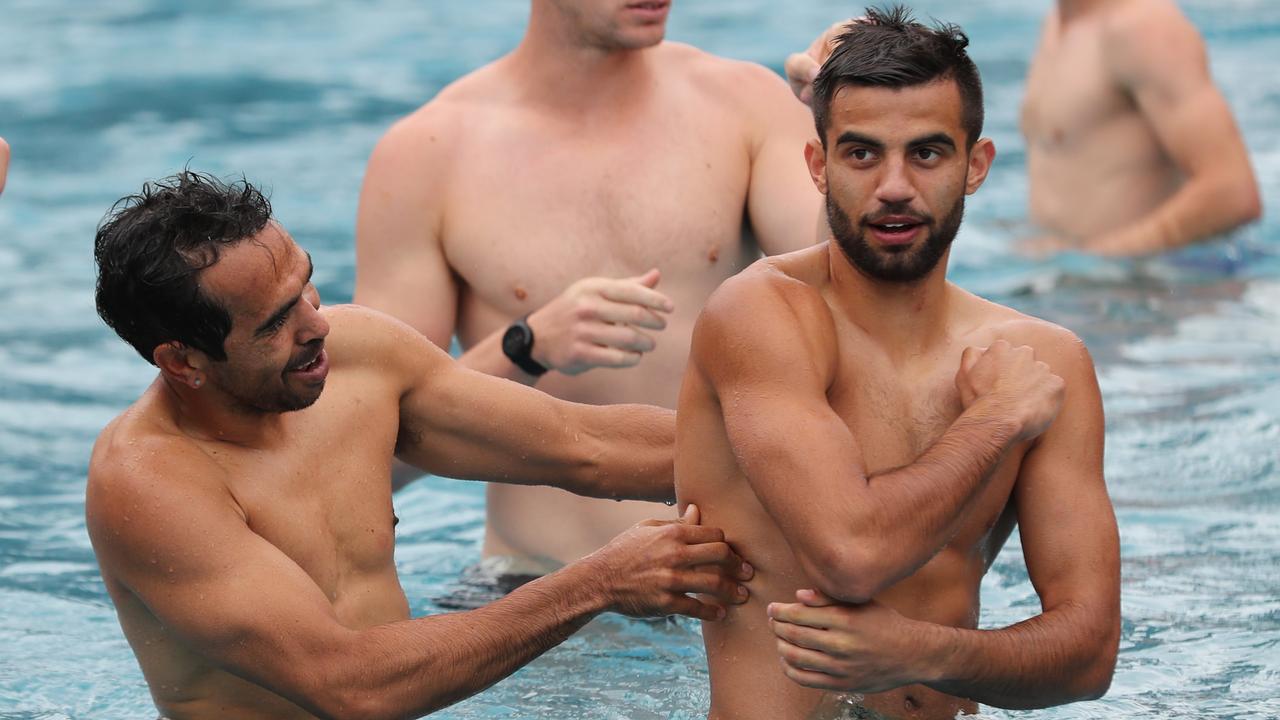 Wayne Milera, right, with Eddie Betts during the Crows’ pre-season.